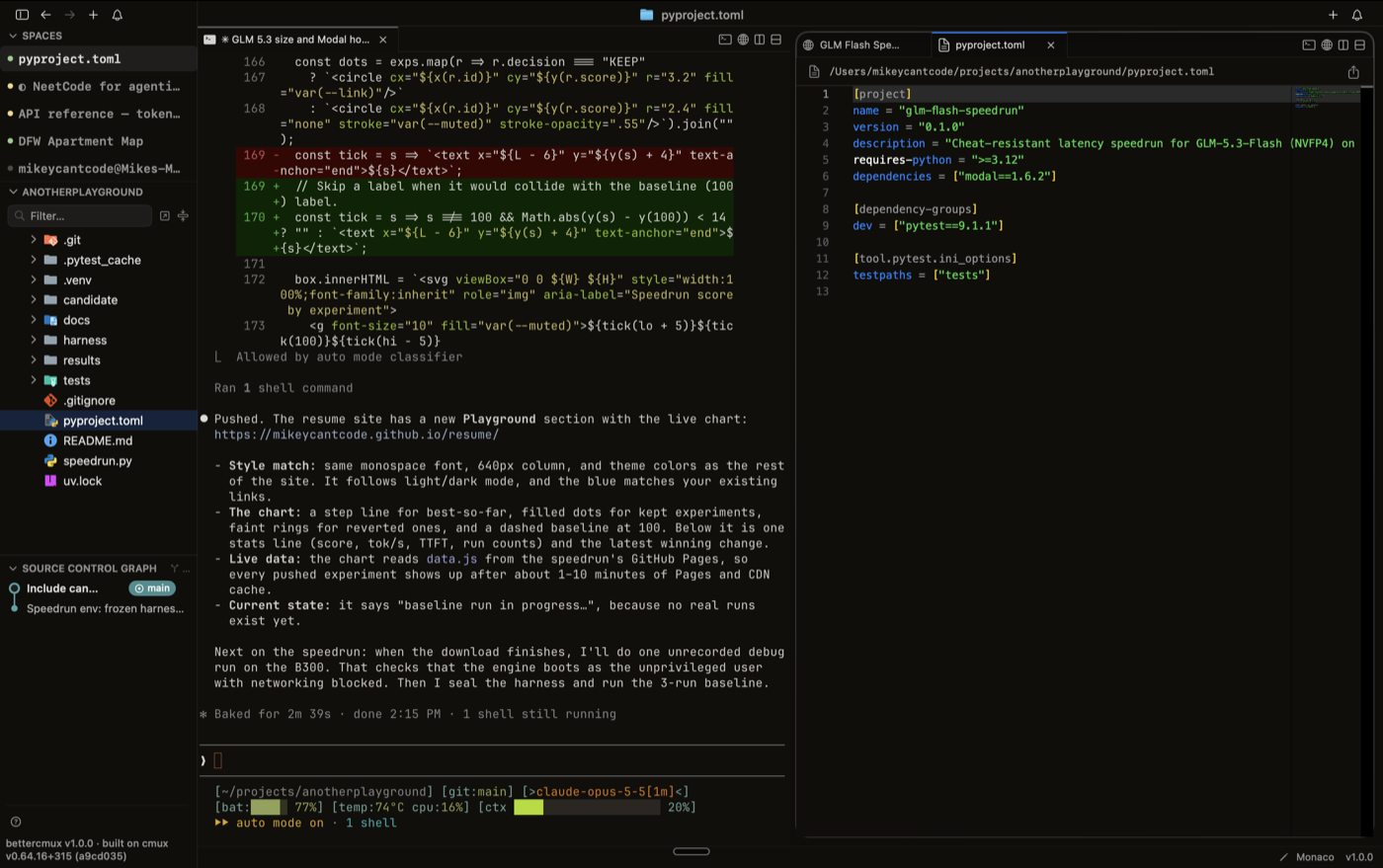 better cmux: code diff in the agent pane with a file open in the editor split