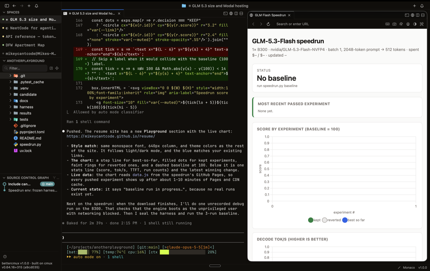 better cmux: agent pane beside an early version of the speedrun dashboard