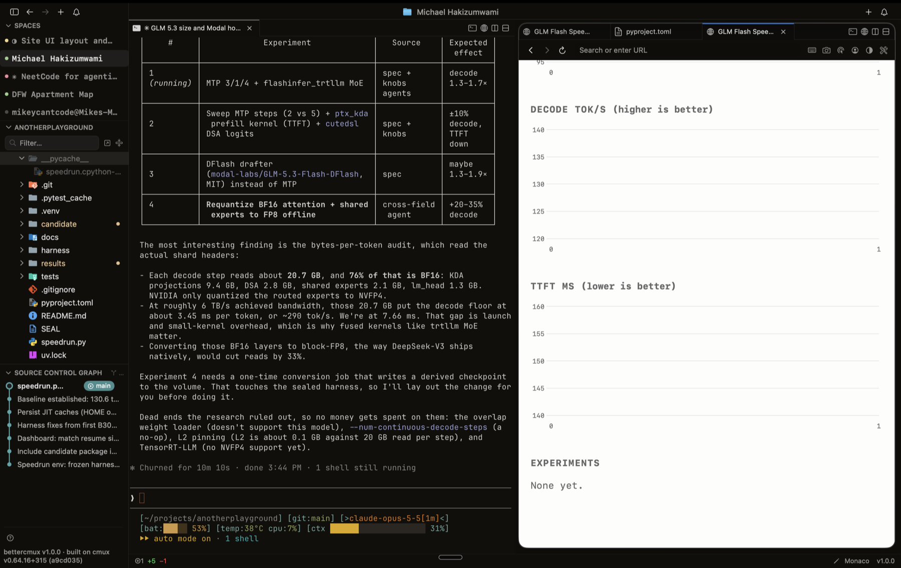 better cmux: Claude Code session beside the speedrun dashboard in the built-in browser